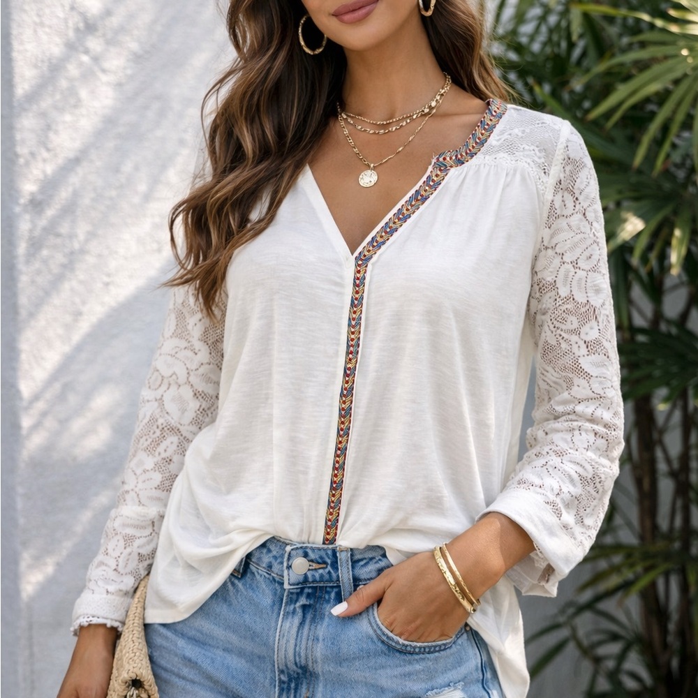 White Embroidered Trim Lace Trimmed Sleeve Bohemian Festival Summer Vacation Lg